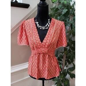 Max Studio Top Blouse Women's Size L Orange & White Casual Short Sleeve V-Neck